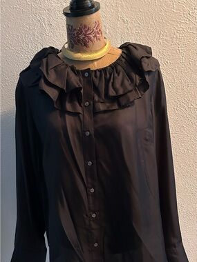 NWT J Crew Elegant Black Ruffle Collar Button-Front Women's Top